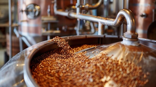 Brewing Process Showcasing Malt Grains in a Large Vat Within a Craft Brewery Facility