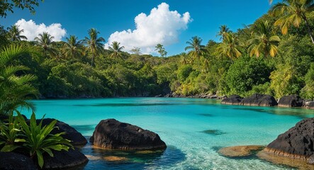 Tropical lagoon surrounded by jungle greenery and rocks
