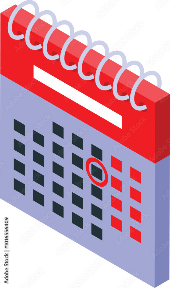 Poster isometric calendar showing important date marked with red circle, concept of scheduling appointments
