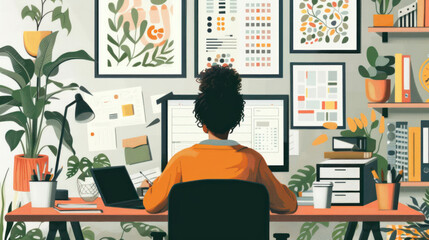 A remote worker using ergonomic office equipment to ensure physical well-being while working from home, maintaining a comfortable and productive workspace.