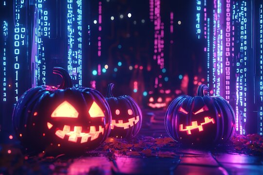Halloween pumpkins surrounded by binary code, in the background is an office building with computer parts floating around it