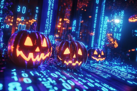 Halloween pumpkins surrounded by binary code, in the background is an office building with computer parts floating around it
