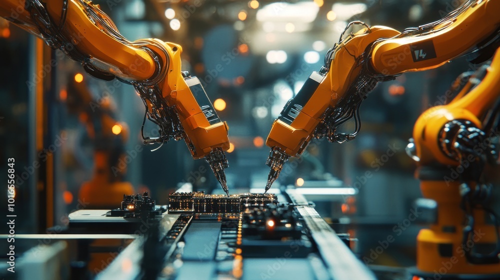 Poster robotic arms assembling components in a high-tech manufacturing environment.