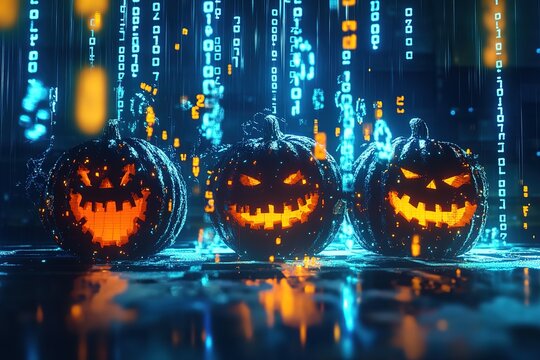 Halloween pumpkins surrounded by binary code, in the background is an office building with computer parts floating around it