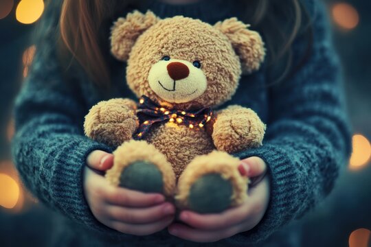 closeup of Cute little girl hugging a teddy bear Safe Toys and Gifts Month concept