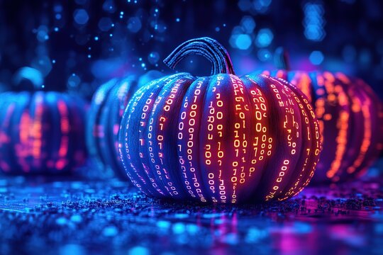 Halloween pumpkins surrounded by binary code, in the background is an office building with computer parts floating around it