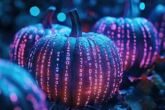 Halloween pumpkins surrounded by binary code, in the background is an office building with computer parts floating around it