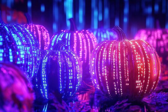 Halloween pumpkins surrounded by binary code, in the background is an office building with computer parts floating around it