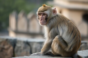 Obraz premium Brown monkey with white face and chest sits on stone wall. Monkey fur is mix of brown and white. Curious expression, relaxed tail, natural backdrop. Blurred background of cityscape.