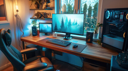 A remote workspace for a CEO featuring dual screens, an ergonomic chair, and a clean desk for managing high-level tasks and meetings.