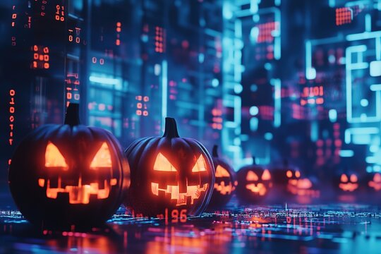 Halloween pumpkins surrounded by binary code, in the background is an office building with computer parts floating around it