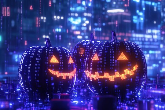 Halloween pumpkins surrounded by binary code, in the background is an office building with computer parts floating around it