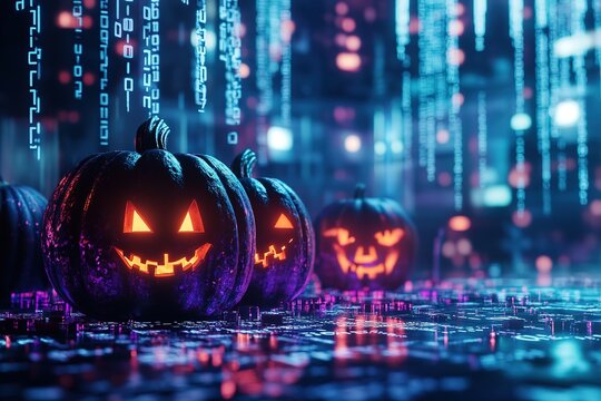 Halloween pumpkins surrounded by binary code, in the background is an office building with computer parts floating around it