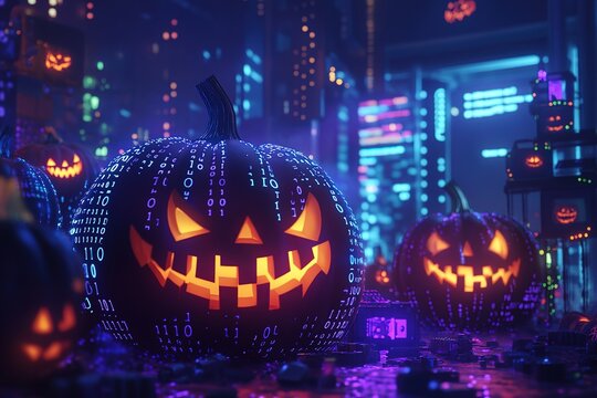 Halloween pumpkins surrounded by binary code, in the background is an office building with computer parts floating around it