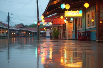 Colorful lights reflecting off the water at the Pattaya Floating Market at night