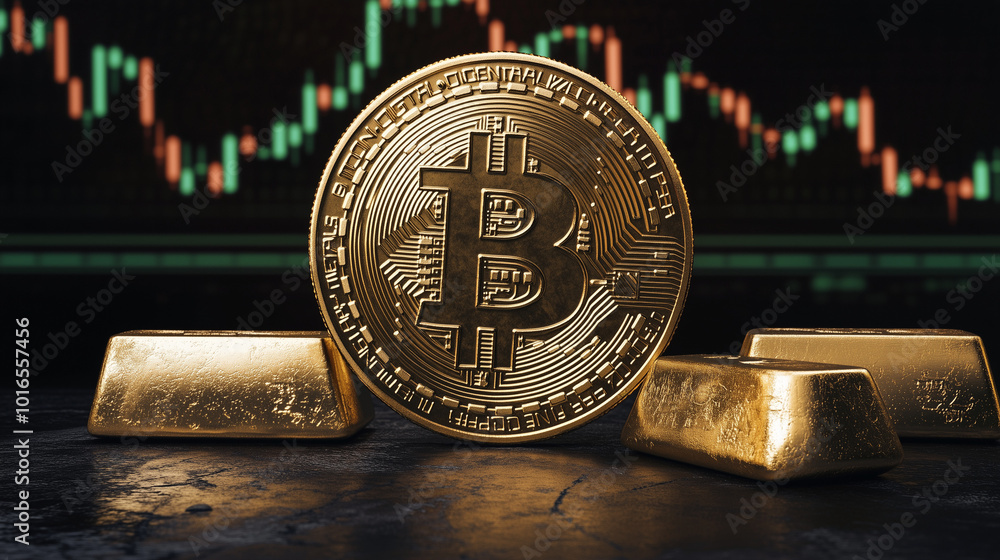 Wall mural bitcoin is in between two gold bullion bars and a dropping line chart of the stock market in the bac