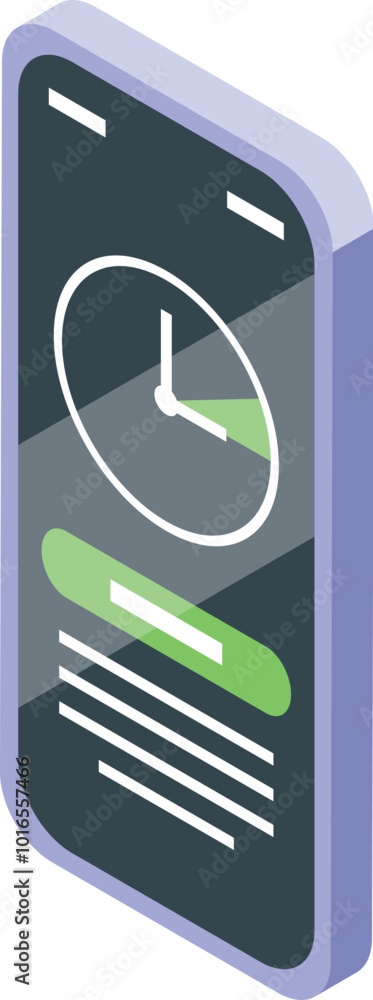 Poster isometric smartphone displaying a time management interface, featuring a clock and a progress bar, s