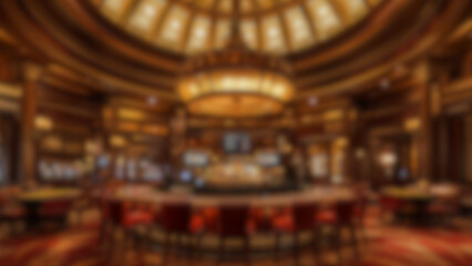 Obraz premium Blurred view of an elegant casino interior with luxurious chandeliers, slot machines, and a bar counter. The warm lighting creates a sophisticated and inviting atmosphere. Ideal for background use. 