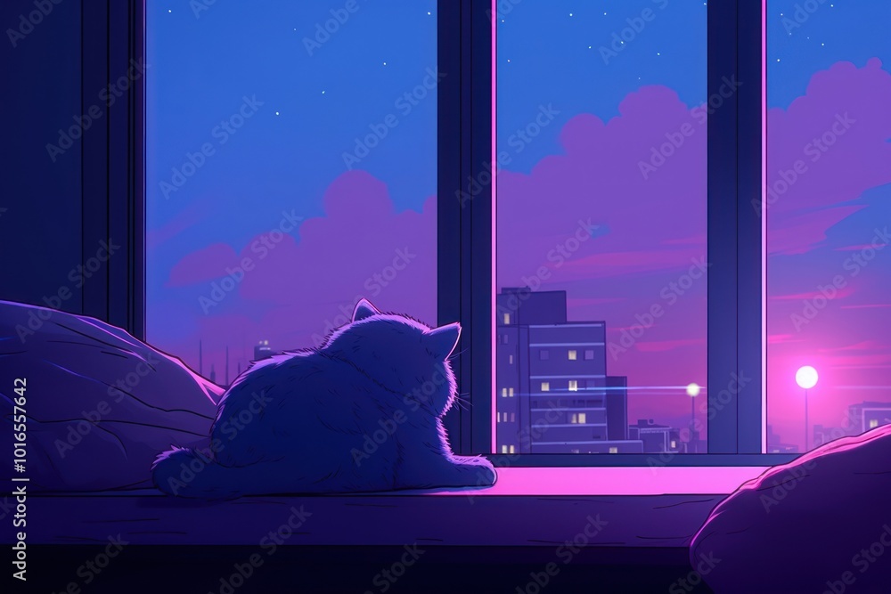 Poster cat window architecture illuminated.