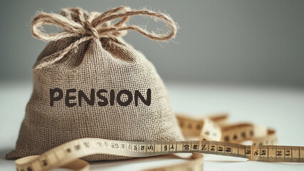 Money bag with the word Pension. Fall/reduction pension payments. Retirement. Financing retirees. Reduction of the pension fund. The low size of pensions. Poverty. Lack of money
