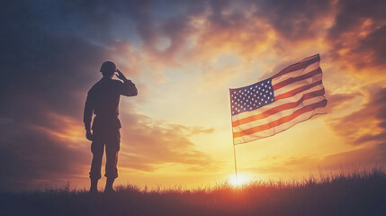 Silhouettes of soldier saluting on background of sunset or sunrise and USA flag. Greeting card for Veterans Day, Memorial Day, Independence Day. America celebration.
