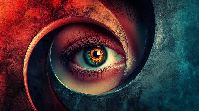 Modern creative illustration concept theme of envy and jealousy. With profile portrait of person with large eye expressing envying suspicion emotion with intense expressive stare. Generative AI