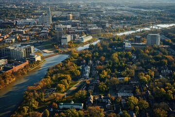 Aerial view of Virginia cityscape with river, modern buildings. Richmond Fan District, University. Urban design with mix of tall, short structures. River surrounded by trees, plants. Warm golden