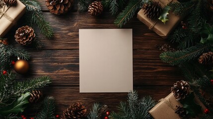Mockup di Natale super realistico con una cartolina di Natale vuota per auguri di Natale e Capodanno sopra un tavolo di legno. Ripresa dall'alto
