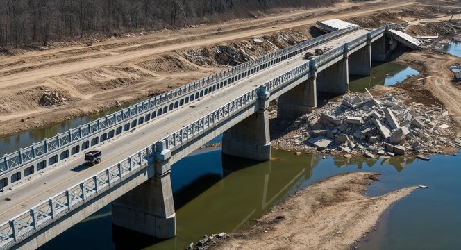Collapsing bridge over a dried up riverbed surrounded by rubble