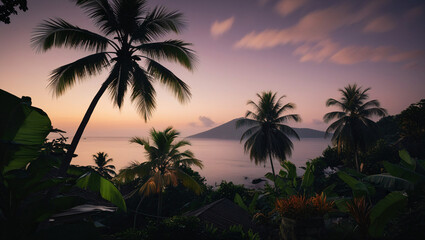 Illustration of a tropical mountain tourist scene, with lush green trees, cool air and stunning natural views. The mountains tower high, creating a calm and calming atmosphere.