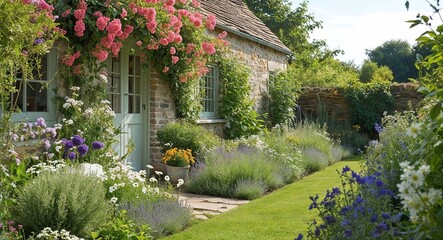 Cottage garden overflowing with flowers and rustic charm