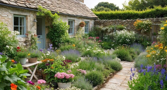Cottage garden overflowing with flowers and rustic charm