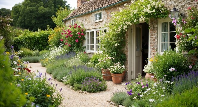 Cottage garden overflowing with flowers and rustic charm