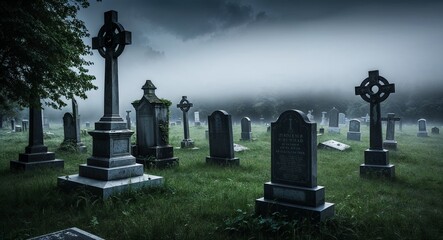 Creepy graveyard with overgrown tombstones and fog rolling in