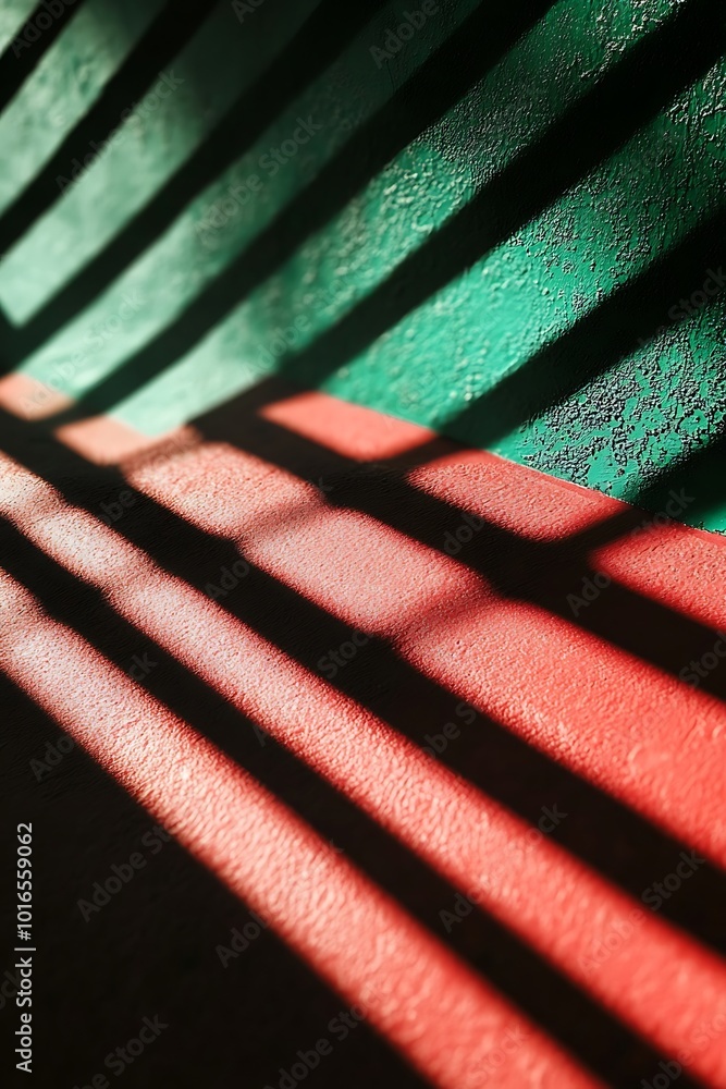 Poster vibrant green and red abstract geometric background featuring dynamic diagonal shapes and intricate 