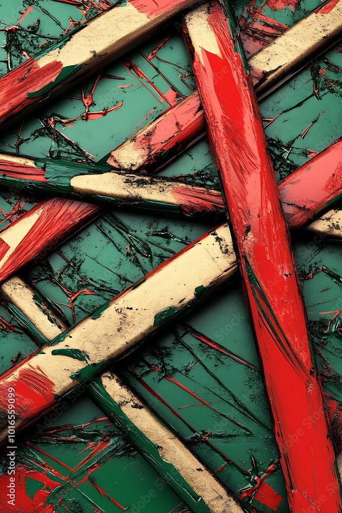 Poster colorful abstract geometric background in green and red, showcasing diagonal shapes and unique patte