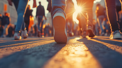 Closeup, shoes and group in street, walking and sunshine with lens flare, cooperation and protest. March, feet and people in city, tar road and summer with action for justice, forward and outdoor