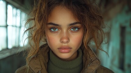 Obraz premium portrait of sad mixed race teenager girl standing indoors in abandoned building.stock image