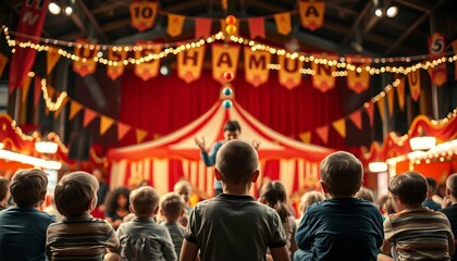 Fototapeta premium Children watching a show inside a decorated and lit circus tent, seen from behind.