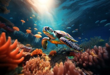 Obraz premium A sea turtle swims through a vibrant underwater scene, surrounded by coral, fish, and jellyfish.