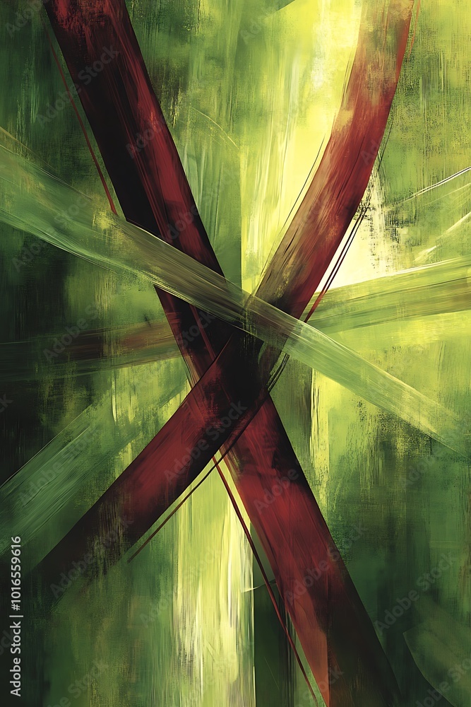 Poster dynamic abstract background blending green and red colors with diagonal geometric shapes, creating a