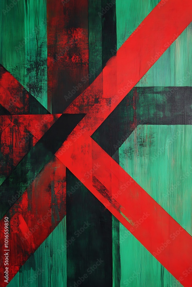Poster dynamic abstract background blending green and red colors with diagonal geometric shapes, creating a