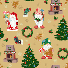 Seamless vector illustration with cute Christmas gnomes on a beige background. For decorating textiles, packaging, wallpaper.