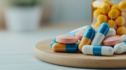 Assorted Medications on a Wooden Cutting Board.