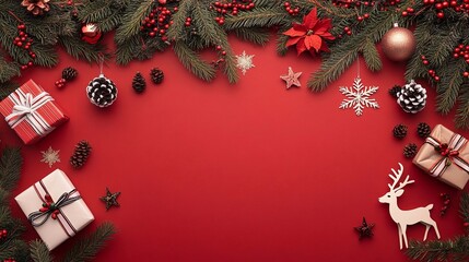 Sfondo rosso con scatole regalo sui bordi, che creano un'atmosfera per la pubblicità delle festività.