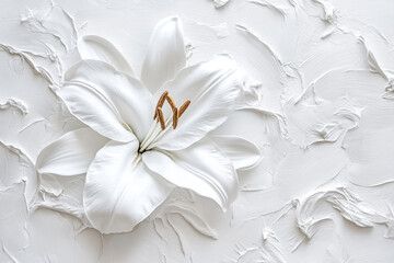 Fototapeta premium Abstract white background with a three-dimensional flower. A white lily on a textured surface, an elegant and delicate wallpaper design for wall art or a mural. 
