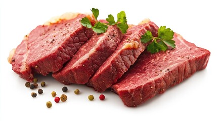Juicy corned beef slices, perfectly arranged on a clean white background, highlighting the marbling and deep flavors.