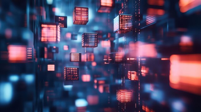 A futuristic display of floating digital cubes made of binary code, representing data processing in a tech environment, empty space for advertising