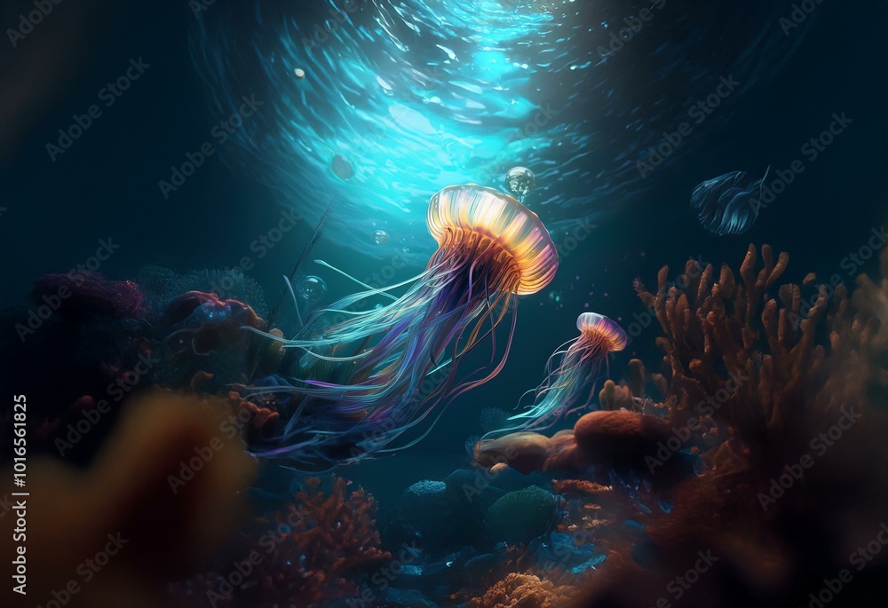 Poster two bioluminescent jellyfish with long trailing tentacles swim through a dark blue ocean with sunlig