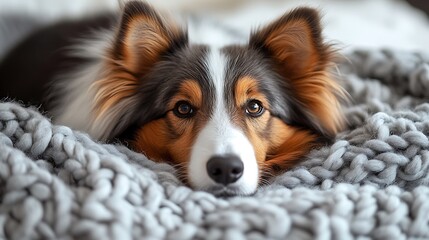 A brown, black, and white dog with fluffy fur lays on a grey knitted blanket, looking up at the camera with soulful eyes.